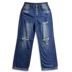 High Waisted Wide Leg Distressed Blue Denim Jeans‎ Button Fly Y2K Medium NWOT